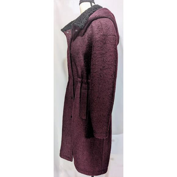 Kenneth Cole Boucle Wool Blend Hooded 3/4 Coat Burgundy Cinch Waist Size L - Picture 7 of 10